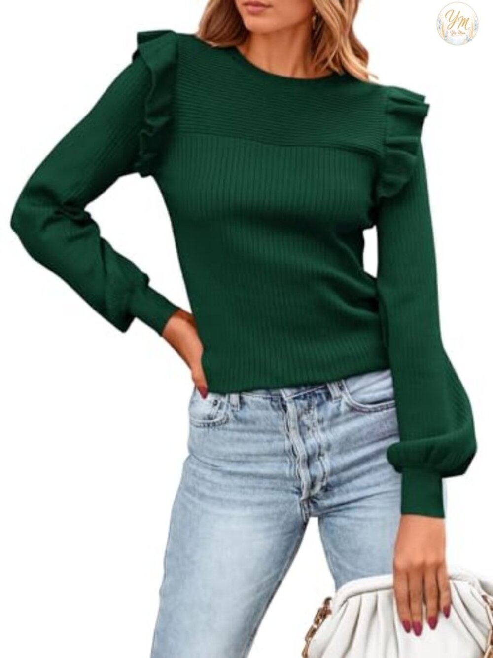 Women's Ruffle Long Sleeve Sweater Crew Neck Lightweight Ribbed Knit Pullover